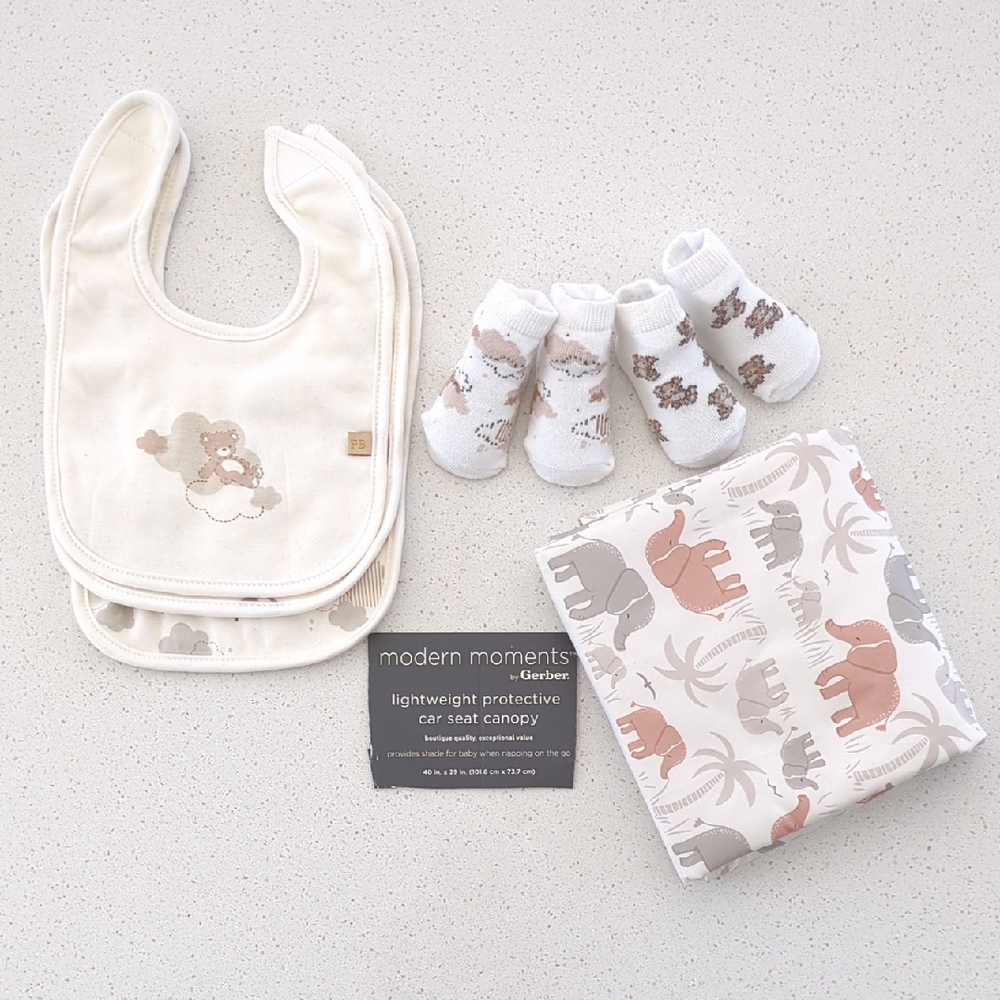 Baby Gift Set - Cream and Gray Baby Bibs, 2 Pairs Of Socks, Car Seat Cover